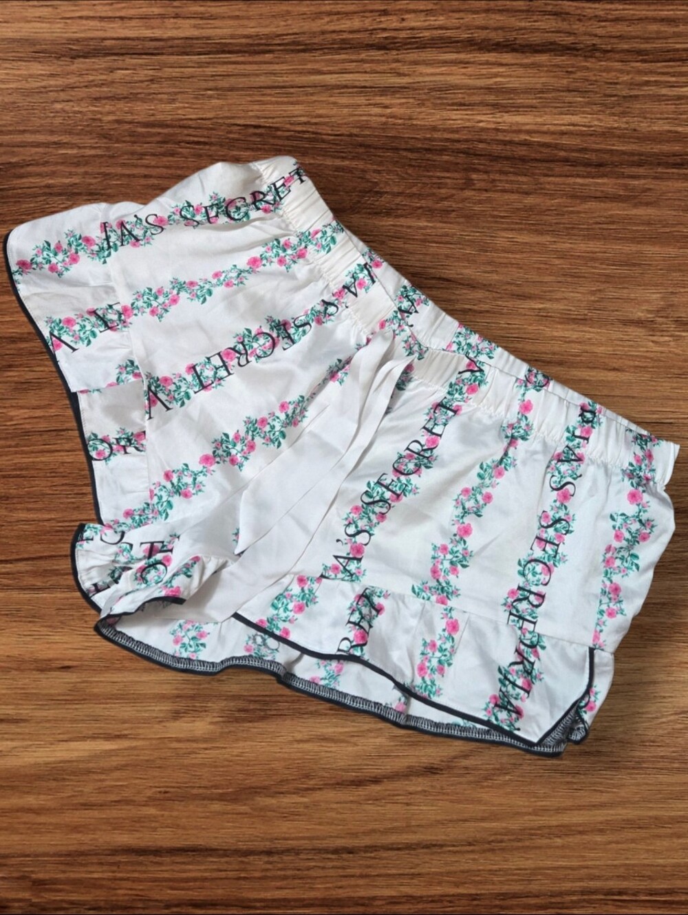 Victoria's Secret White Satin Floral Ruffled Logo Sleep Shorts